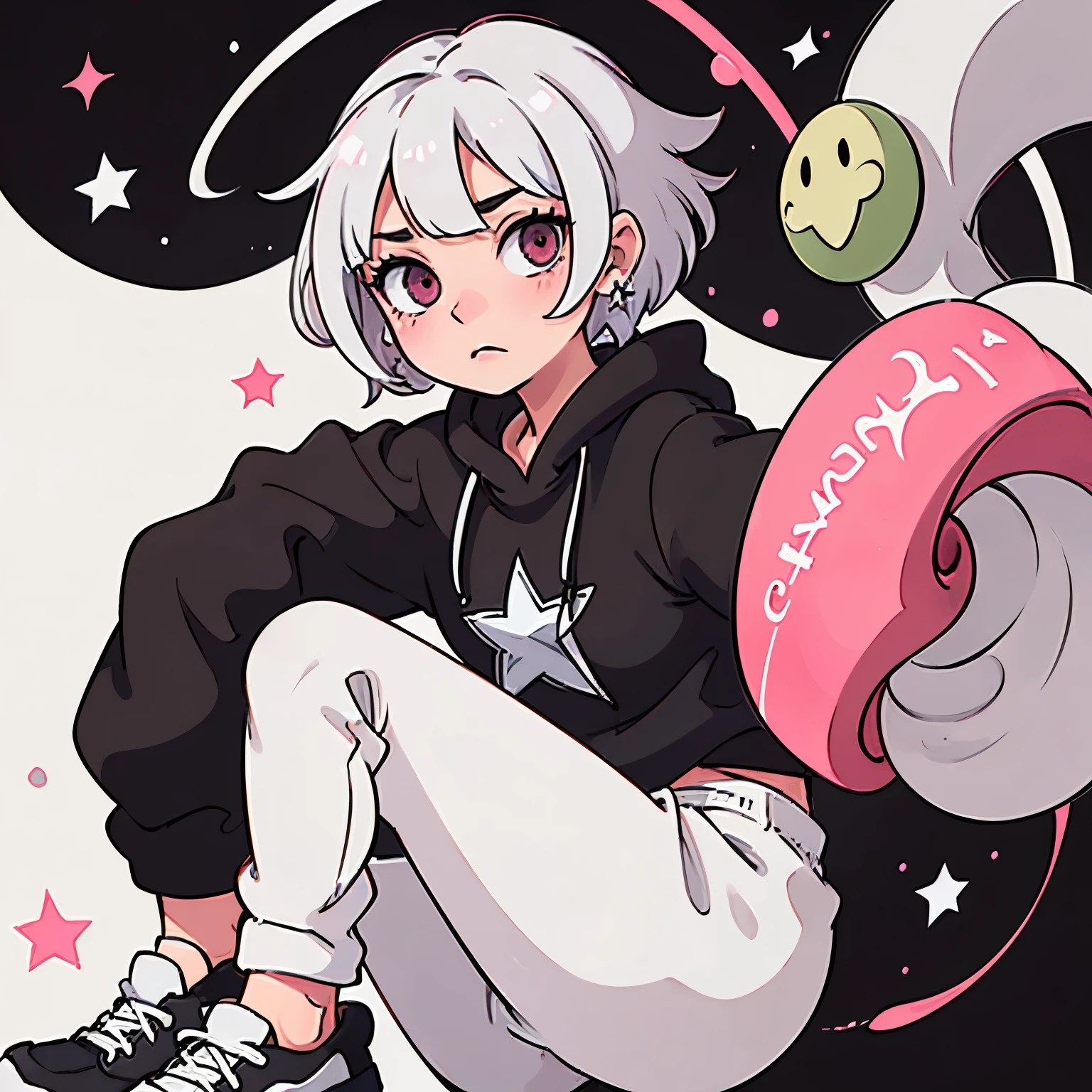 a girl with short white hair, pink eyes and green star earrings, wearing a black sweatshirt with a star in the middle and black pants and white shoes, neutral expression looking straight ahead