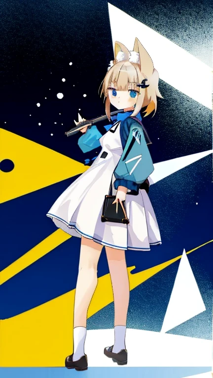 Anime girl wearing headphones and white dress standing in front of the city, From the Azur Lane video game, Azure Lane style, Girls Frontline style, from Girls Frontline, from the night of the ark, Girls Frontline universe, Girls Frontline cg, 《Azur route》Role in, Fine details. Girls Frontline, Girls Frontline, Perfect girl, Ayaka Genshin Impact, Deadly，Holding a gun