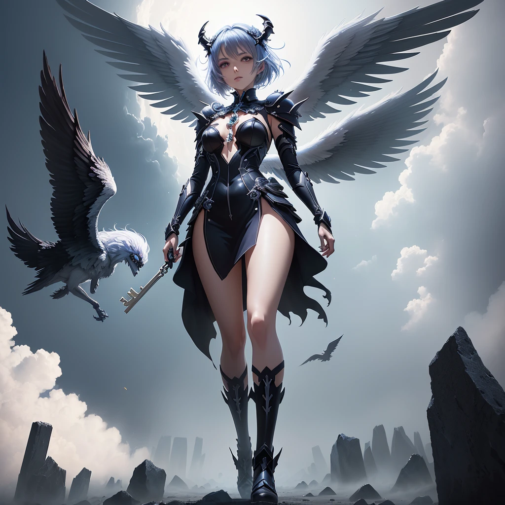 Cartoon character with wings flying over woman in black dress, Cool Anime 8K, Devil anime girl, Anime epic artwork, best anime 4k konachan wallpaper, angel knight girl, 2. 5d cgi anime fantasy artwork, Angels Observe Demons, Anime Key Art, Eros and Thanatos, Dark Angel, epic anime style, Ghost Slayer Art Style