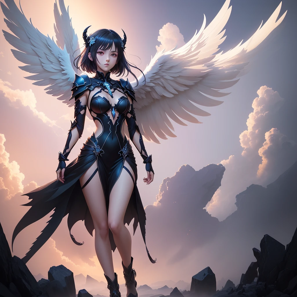 Cartoon character with wings flying over woman in black dress, Cool Anime 8K, Devil anime girl, Anime epic artwork, best anime 4k konachan wallpaper, angel knight girl, 2. 5d cgi anime fantasy artwork, Angels Observe Demons, Anime Key Art, Eros and Thanatos, Dark Angel, epic anime style, Ghost Slayer Art Style