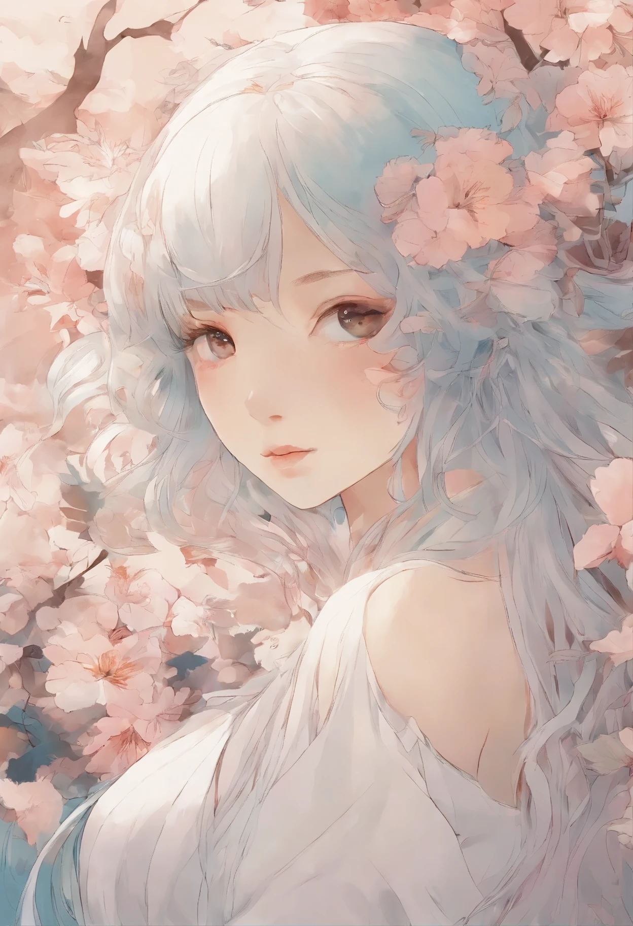 Women and bouquets,She looked at me with very beautiful and kind eyes.Detailed Schneider pastel ink, soft and fantastic, Fluffy, (Extremely fine and beautiful), (perfect detail)、(Pastel color),Soft texture:1.2.(masutepiece, Best quality), (finely detailed beautiful eye), (finely detailed eyes and detailed face),The hue is also noticeably brighter.Pale blurred silhouette
