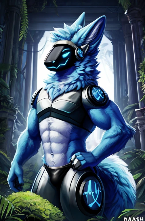 , (((Light blue fur protogen))) , big chest, day, sexy, sensual, detailed, uploaded to e621, beautiful and detailed portrait of an anthropomorphic Light blue fur protogen, (((male))) uploaded to e621, zaush, foxovh, movie lighting, , thicc, alone, muscles, muscular build, in a abandoned jungle temple in a empty forest outside temple in background, movie cover, movies poster