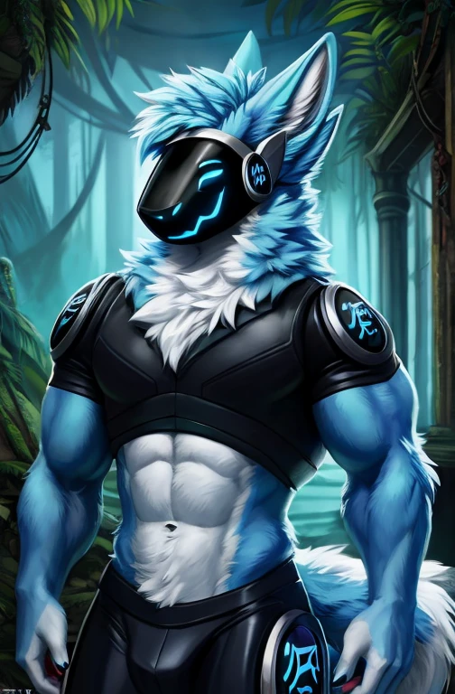 , (((Light blue fur protogen))) , big chest, day, sexy, sensual, detailed, uploaded to e621, beautiful and detailed portrait of an anthropomorphic Light blue fur protogen, (((male))) uploaded to e621, zaush, foxovh, movie lighting, , thicc, alone, muscles, muscular build, in a abandoned jungle temple in a empty forest outside temple in background, movie cover, movies poster
