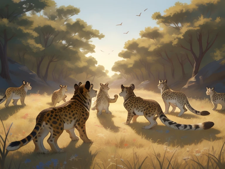 (By ArtisticAnonym, by LupusSolitude, by PawsOfAnarchy, best quality, masterpiece, perfect ???????, detailed illustration)

Multiple species, diverse, various, different animals, gathered together, full body, collective, cheerful expressions, realistic, semi-realism, sitting, standing, interacting, playful, friendly, vibrant, colorful, African savannah, grasslands, sunlight, dramatic, spectacular, trending on ArtStation, Intricate, High Detail, expressive, authentic, wild, wilderness, natural habitat, social, peaceful, harmony, coexistence, detail-oriented, detailed faces, detailed bodies, detailed fur,