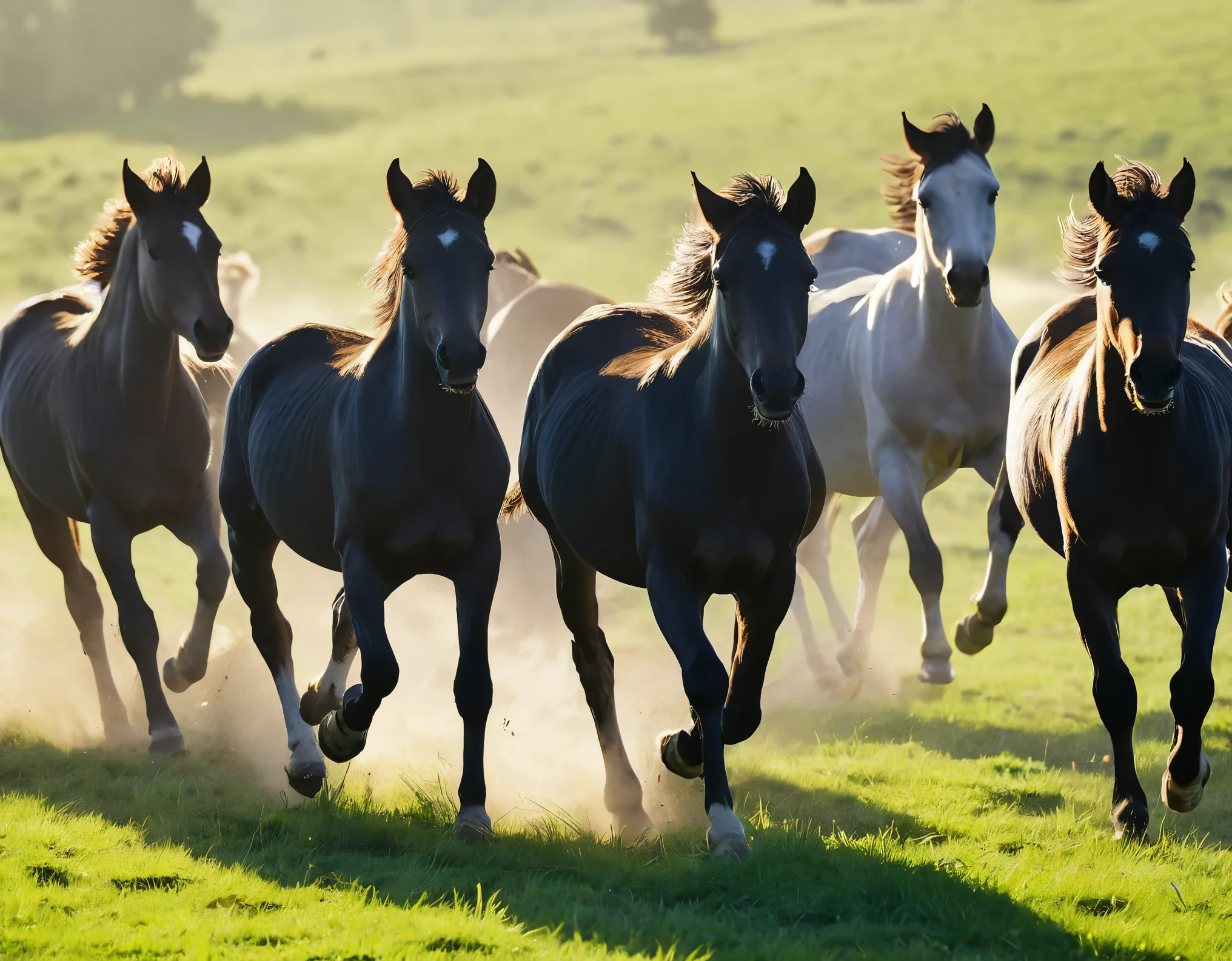 (((master piece Highest quality ultra detailed,Unity 8k))),RAW Photos,A herd of foals galloping across the grassland,(Lens Flare)