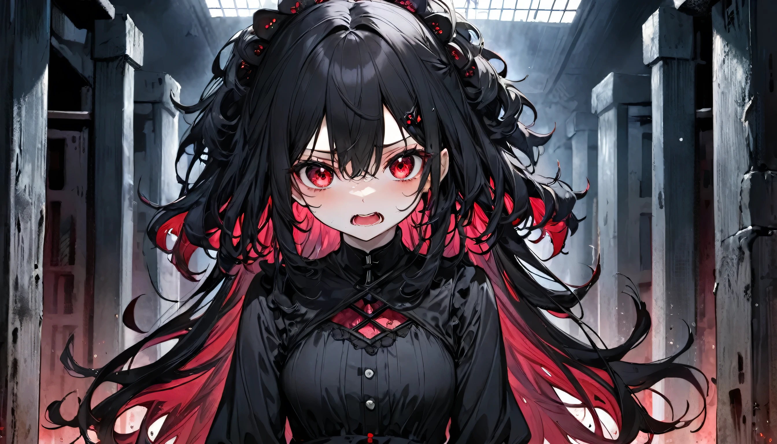 ((Outlaw:1.4 underground evil style)) ((in a beautiful black evil dress)), (sweaty:1.4 skin solo curly:1.4 black hair long hair evil princess girl, yo, sad red eyes, agony:1.3 face), break, (in the Underground Temple of the Evil God, in night, background a Prison), BREAK, perfect anatomy, masterpiece, best quality, 16k.
