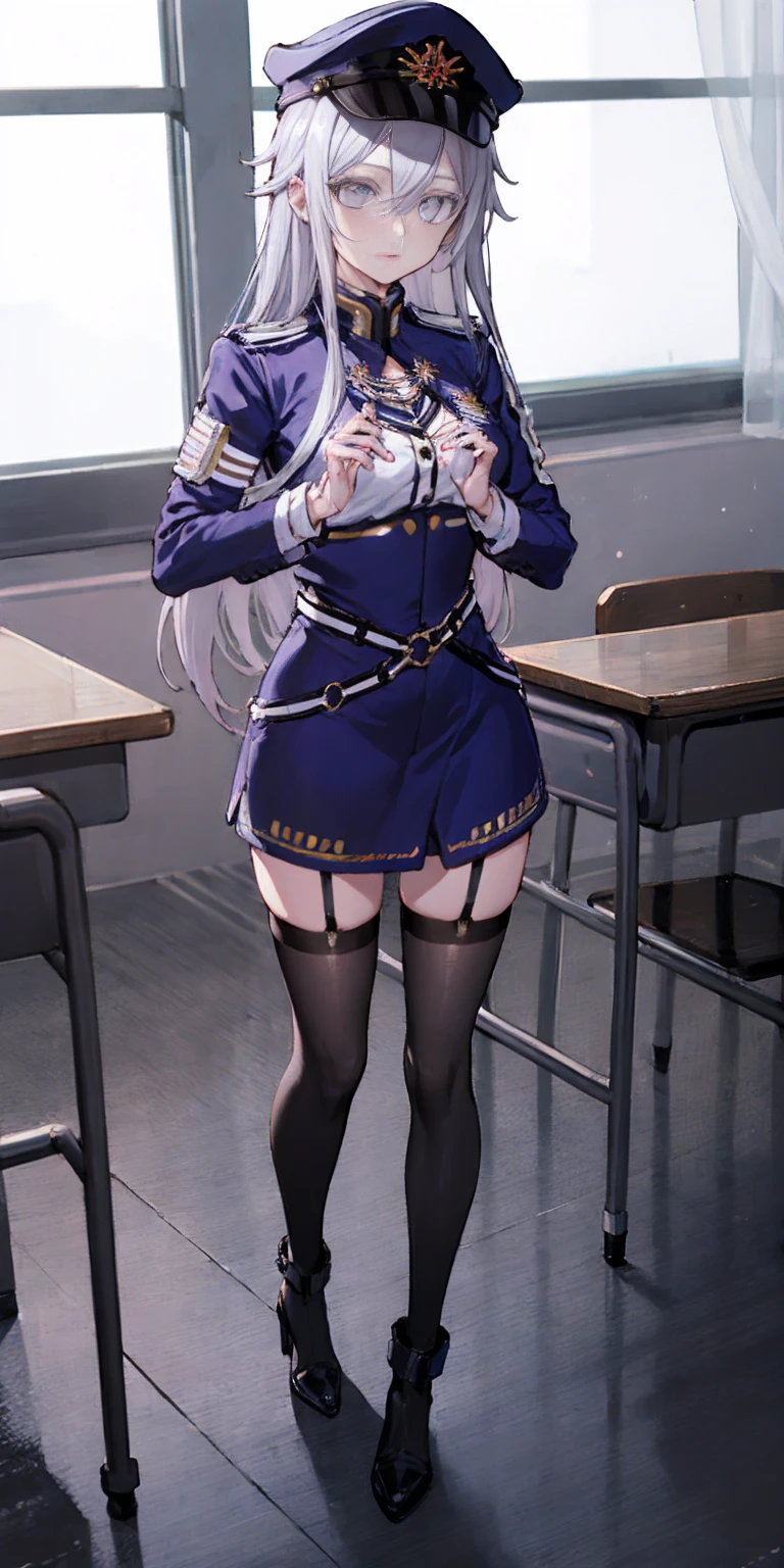 (Masterpiece:1.2, best quality, high resolution, unity 8k wallpaper, illustration:0.8, beautiful detailed eyes:1.6, extremely detailed face, perfect lighting, extremely detailed CG) Vladilena Milize (grey eyes:1.5) grey hair, hair between eyes, long hair, BREAK blue headwear, blue jacket, blue skirt, hat, jacket, military, military hat, military uniform, peaked cap, shirt, skirt, uniform, white shirt, LONG white thigh highs, BREAK looking at viewer, BREAK indoors, classroom, BREAK (perfect hands, perfect anatomy like Cryptic Girl
