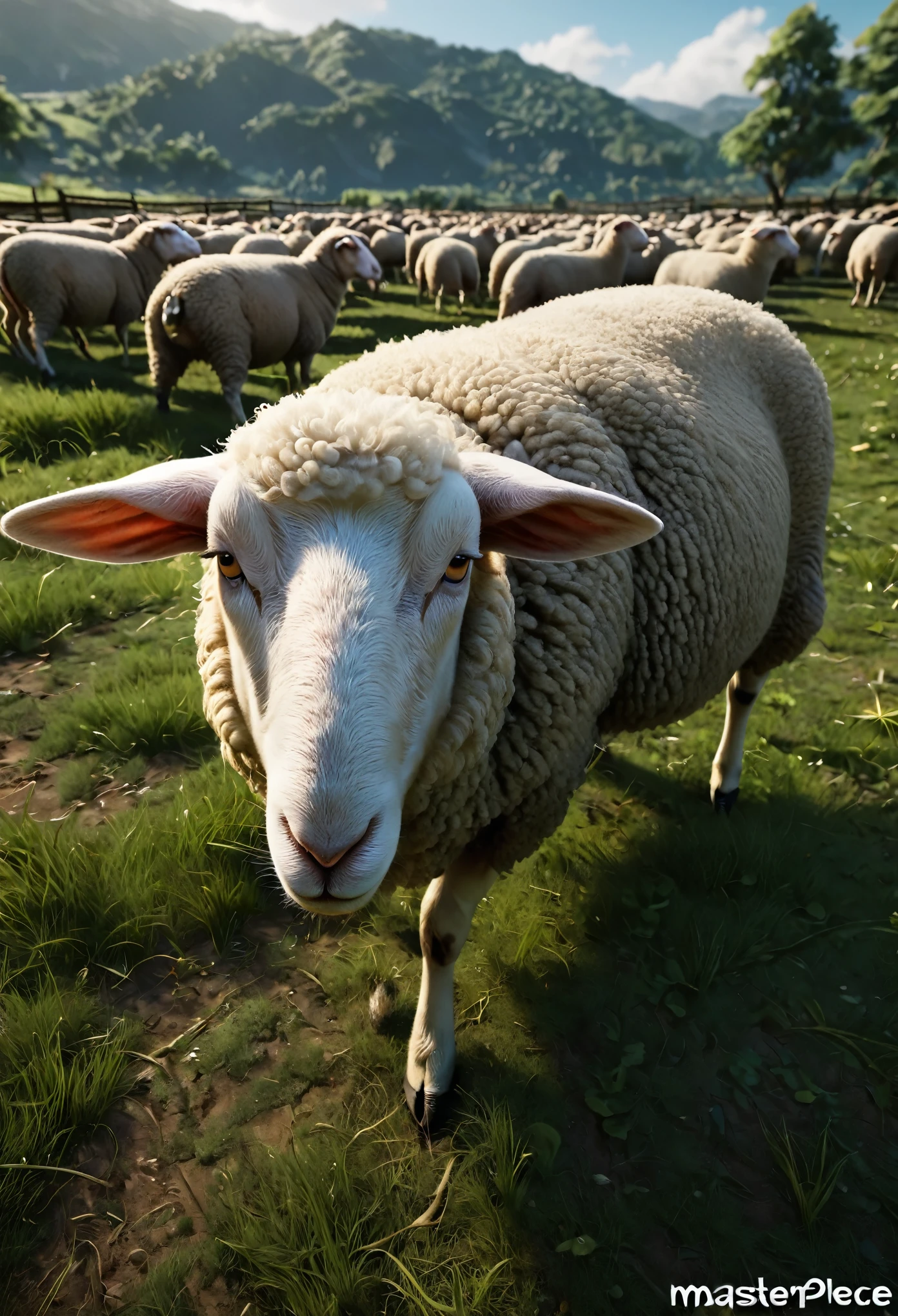 (((master piece Highest quality ultra detailed,Unity 8k))),Nap on the farm,Lying Sheep,
