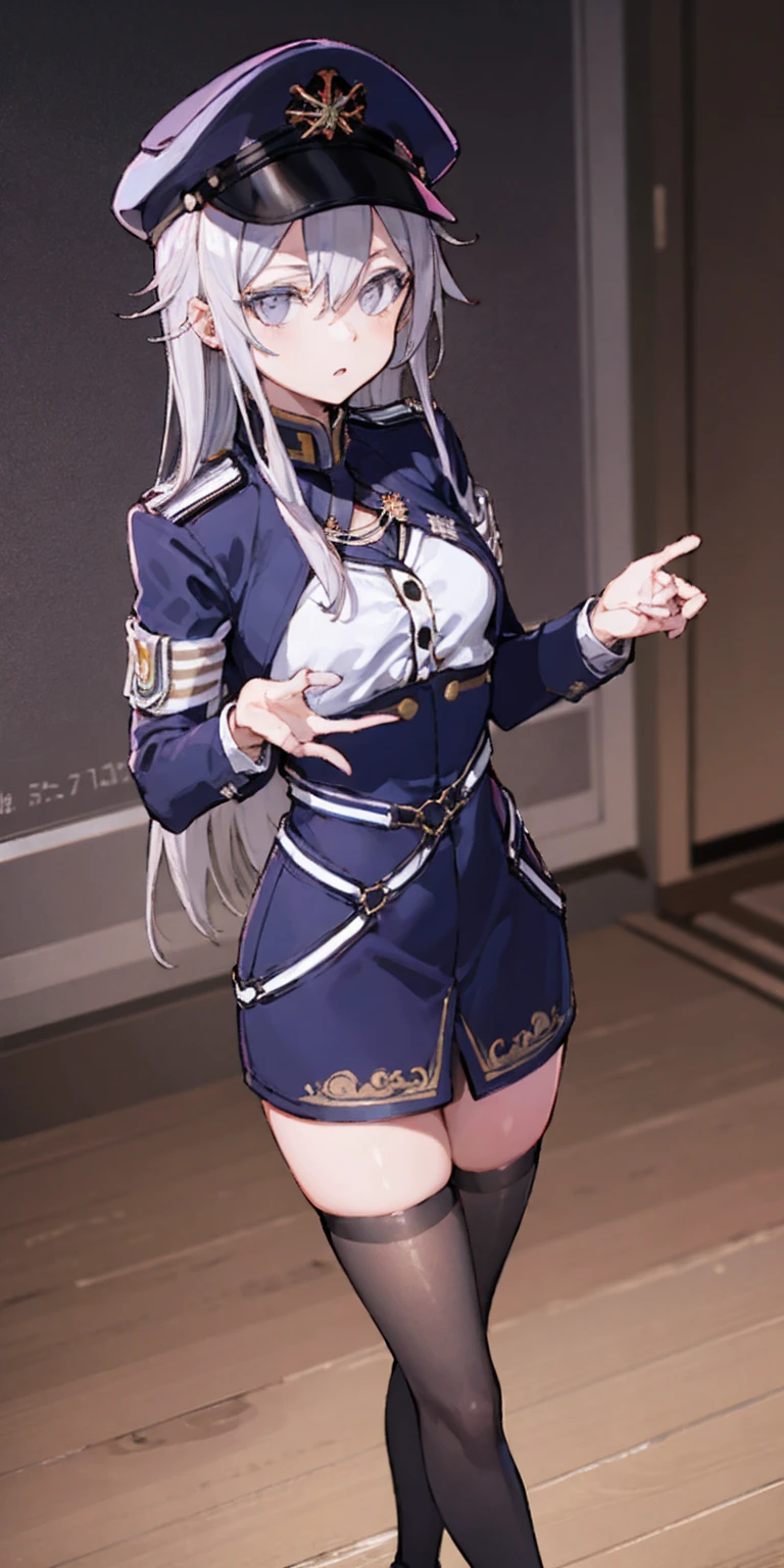 (Masterpiece:1.2, best quality, high resolution, unity 8k wallpaper, illustration:0.8, beautiful detailed eyes:1.6, extremely detailed face, perfect lighting, extremely detailed CG) Vladilena Milize (grey eyes:1.5) grey hair, hair between eyes, long hair, BREAK blue headwear, blue jacket, blue skirt, hat, jacket, military, military hat, military uniform, peaked cap, shirt, skirt, uniform, white shirt, LONG white thigh highs, BREAK looking at viewer, BREAK indoors, classroom, BREAK (perfect hands, perfect anatomy