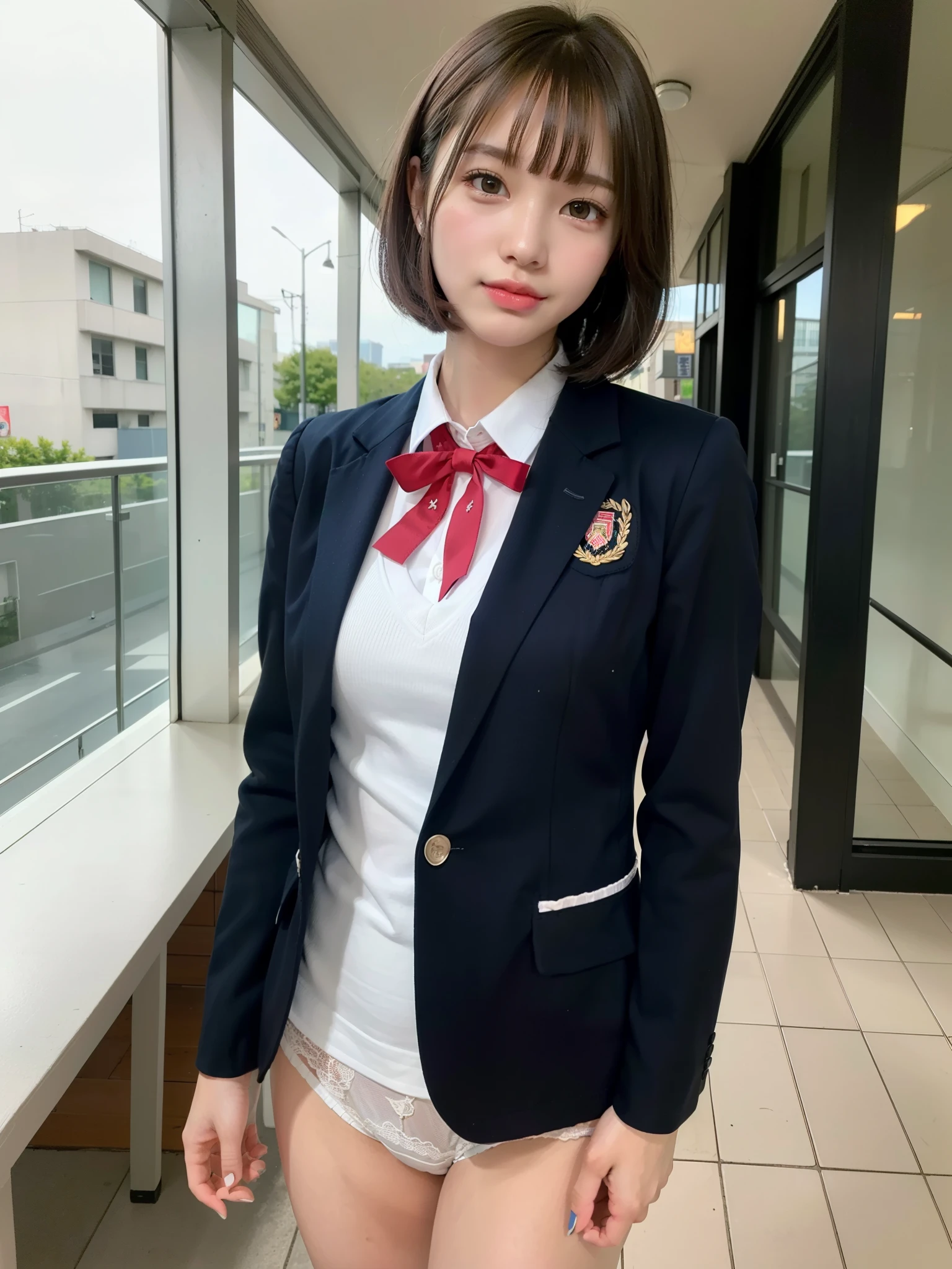 ((Best of the highest quality, 8k, Masterpiece: 1.3, raw photo)), Sharp focus: 1.2, (1 AESPA, slim body type female, 21 y/o: 1.1), (Solo: 1.2), (realistic, photo-realistic:1.37), face focus, cute face, finely eyes, side lighting, using reflectors, (small breasts, flat chest, Thigh: 1.3), (short messy hair, bangs: 1.28), (wearing blazer school uniform:1.32), (panties:1.32), (ribbon:1.2), walking terrace dining, sun light, flower, (from below:1.1)