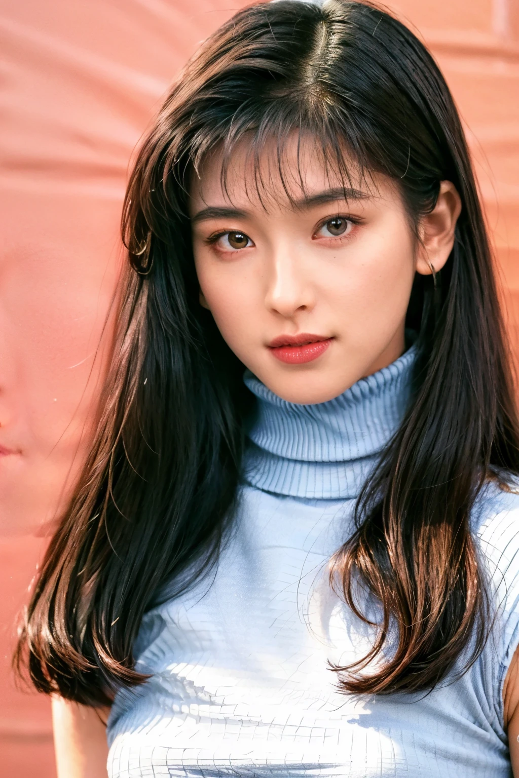 (best quality,masterpiece:1.2),(realistic, photo-realistic:1.4),RAW photo,highres, intricate details,extremely detailed, portrait, frontal photography,solo,1girl,a 24yo female idol, slender, small breasts, sleeveless turtleneck sweater,pleated miniskirt,beautiful symmetrical eyes, detailed eyes, detailed face, pale skin, fine-textured skin,dark hair,(straight hair,long hair:1.3), photo background, indoors,