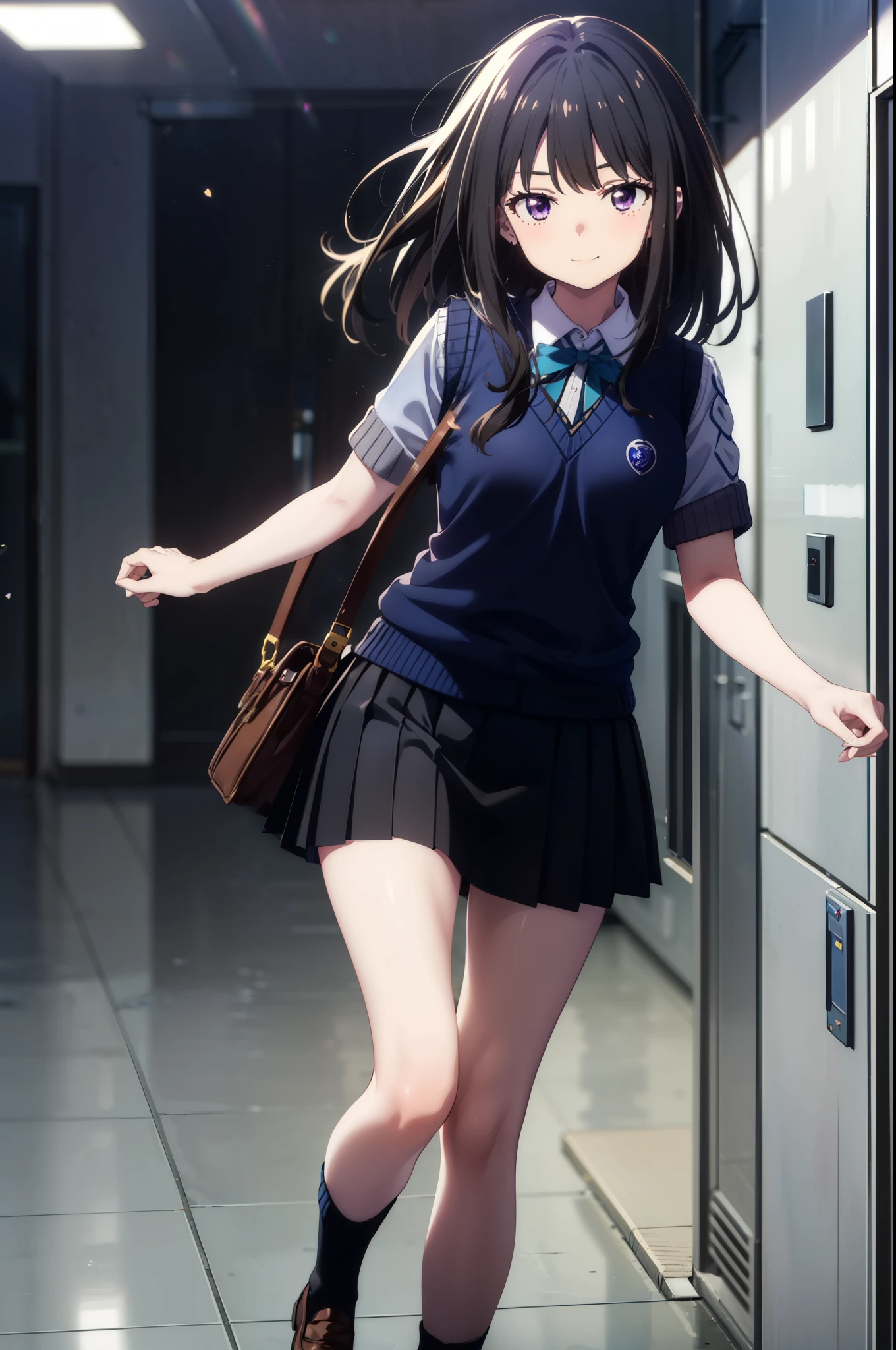 Takiuchi, Inoue Check, Long Hair, bangs, Black Hair, (Purple eyes:1.2),smile,blush,full body,
white yシャツ, Short sleeve, Pleated skirt, Collared shirt, mini skirt, Black pantyhose, (Black Skirt:1.5), Sweater vest, (blue Sweater vest:1.5),Brown Loafers,Daytime,sunny,walking,whole bodyがイラストに入るように, break looking at viewer whole body,
break indoors, School corridor,
break (masterpiece:1.2), highest quality, High resolution, unity 8k wallpaper, (shape:0.8), (Beautiful details:1.6), Highly detailed face, Perfect lighting, Extremely detailed CG, (Perfect hands, Perfect Anatomy),