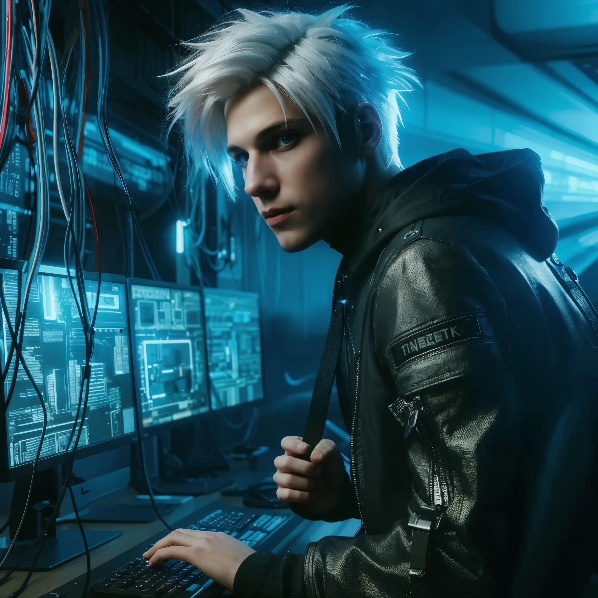 A young man with white hair, cyberpunk style, hacker setting, cinematic action, 4K, photorealism, full body, ultra realistis, resambking sony 7000D