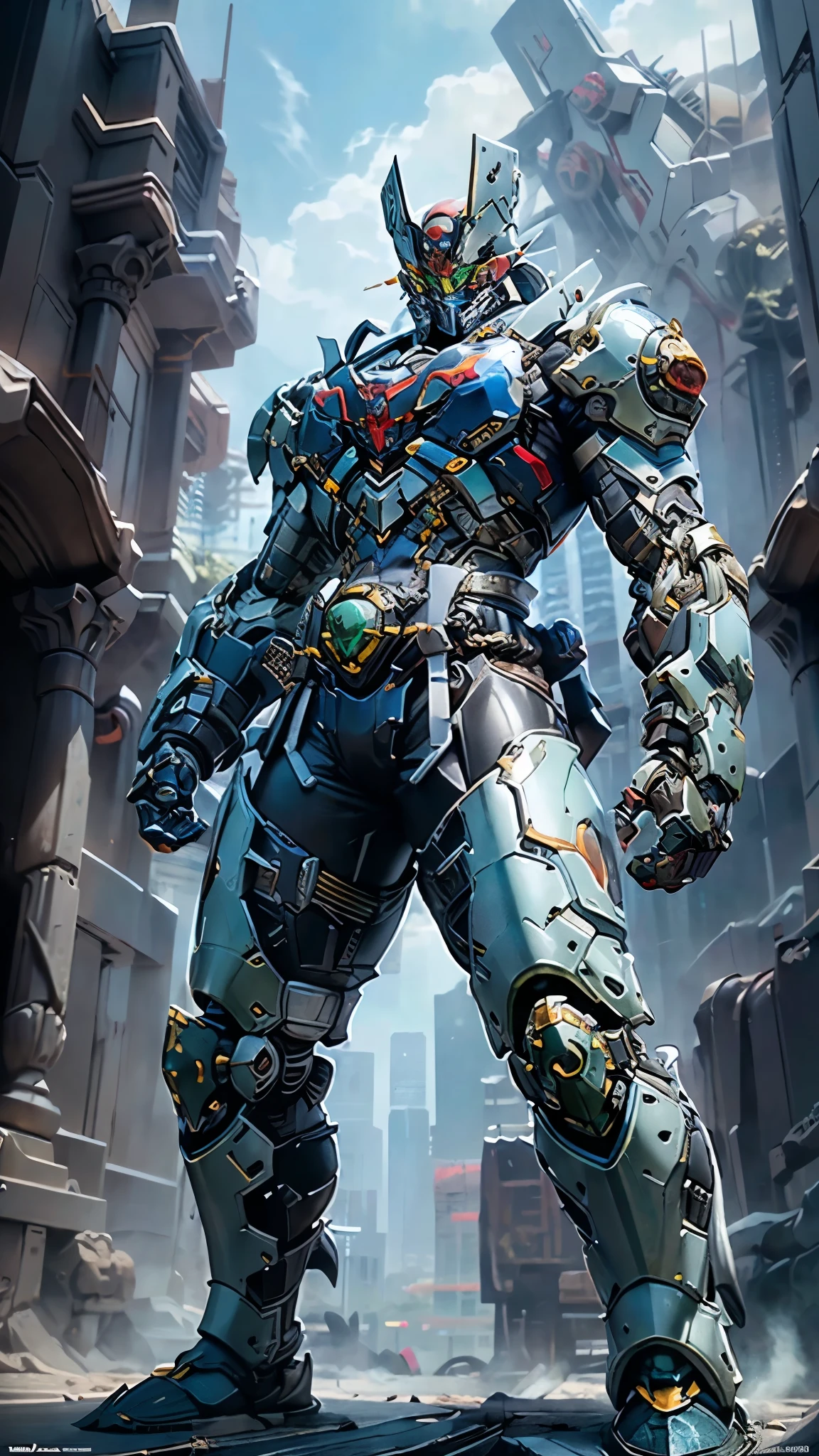 A man wearing a full-face helmet, a fantasy-style biotech armored combat suit, green eyes, (a composite layered chest armor), fully enclosed shoulder guards, matching arm and leg guards, the belt is adorned with Z mark, (the color scheme is primarily white with red and blue accents), the design balances heavy with agility, a high-tech bio-mecha armor, (Armor Concept Inspired by Mazinger Z, stand on the top of a skyscraper in a futuristic sci-fi city), this character embodies a finely crafted fantasy-surreal style armored hero in anime style, exquisite and mature manga art style, (battle damage, element, plasma, energy, the armor glows), ((male:1.5)), metallic, real texture material, dramatic, high definition, best quality, highres, ultra-detailed, ultra-fine painting, extremely delicate, professional, perfect body proportions, golden ratio, anatomically correct, symmetrical face, extremely detailed eyes and face, high quality eyes, creativity, RAW photo, UHD, 32k, Natural light, cinematic lighting, masterpiece-anatomy-perfect, masterpiece:1.5