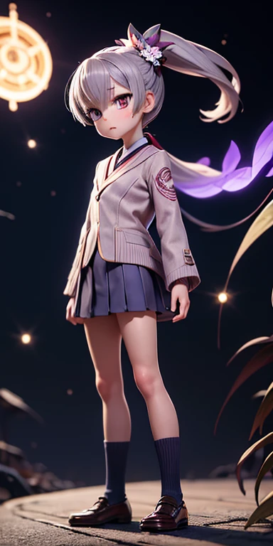 Stingy, kimono, ponytail ,Gray Hair, Purple eyes, magic circle, Blue Fire, Blue Flame, wallpaper, landscape, Depth of written boundary, night, Particles of light, light, Side light, Thighs, destiny \(series\), Genshin Impact, ****, Open jacket, skirt, Knee socks,