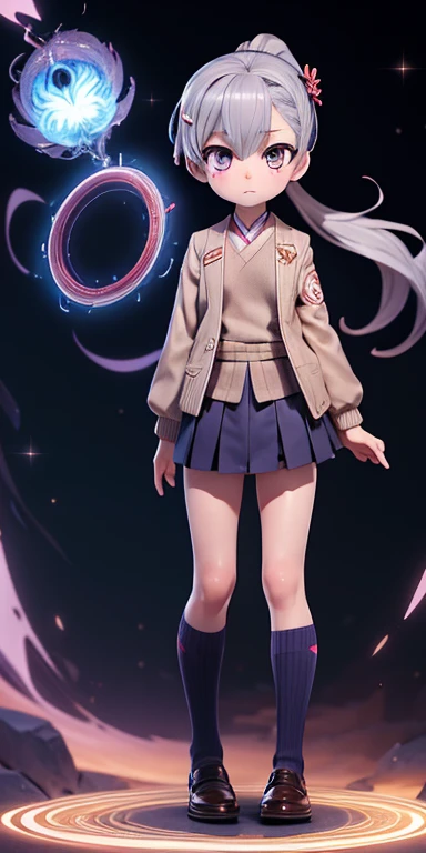 Stingy, kimono, ponytail ,Gray Hair, Purple eyes, magic circle, Blue Fire, Blue Flame, wallpaper, landscape, Depth of written boundary, night, Particles of light, light, Side light, Thighs, destiny \(series\), Genshin Impact, ****, Open jacket, skirt, Knee socks,