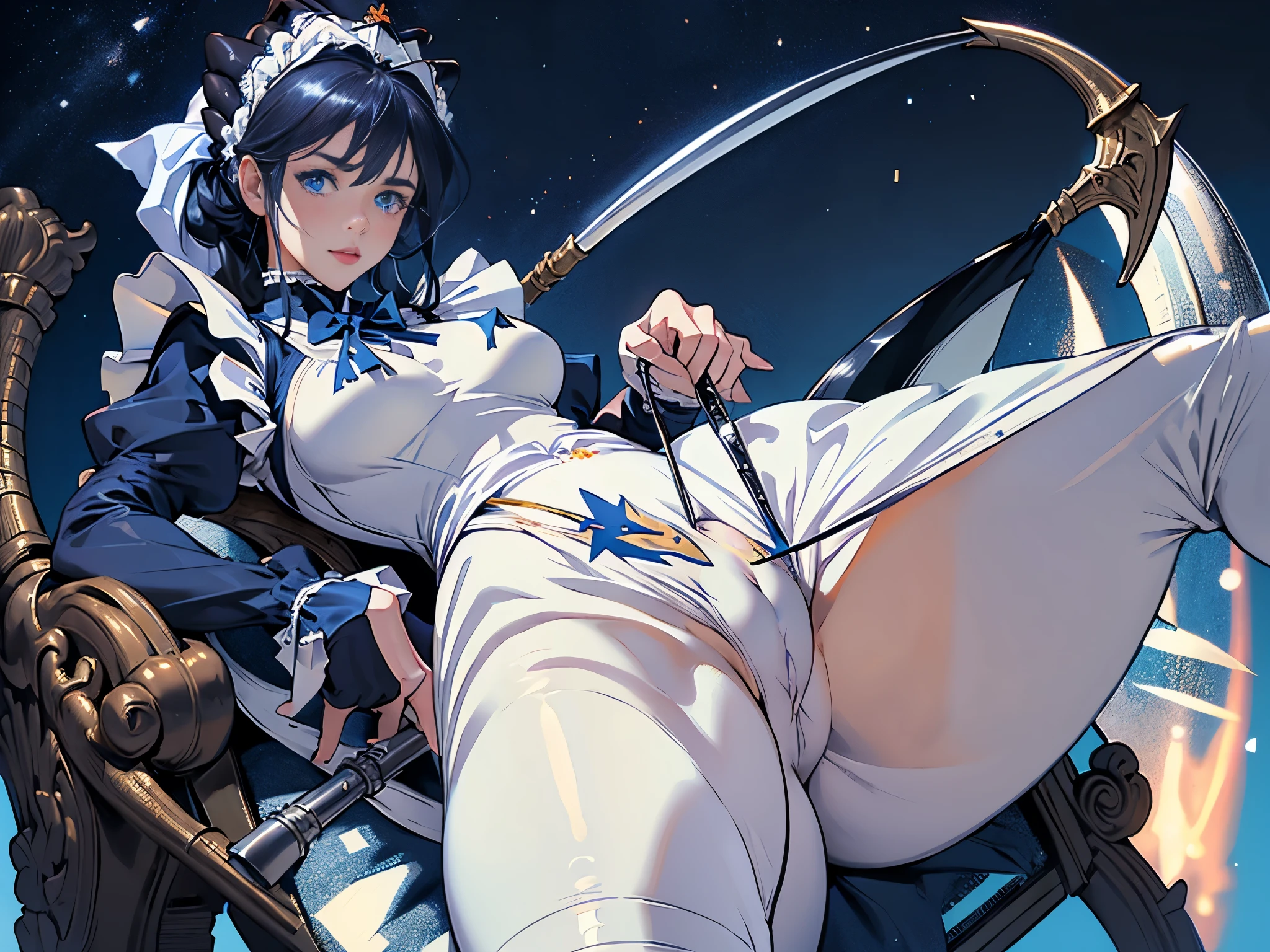 masterpiece, ultra detailed, 8k portrait, RAW photo, portrait photography, highly detailed face, beautiful and meticulous eyes, dark blue hair, long hair, blue eyes, white hair ribbon,  (dark blue French maid costume:1.5), white tights, half boots, spread legs, standing, (holding a giant sickle:1.5), by the old castle, in mid night, from behind, (cameltoe:1.5)