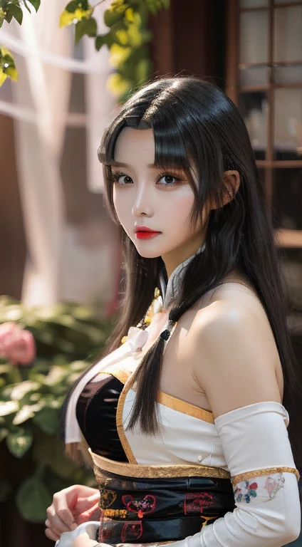 (girl: 1.5), Lace, ribbon, Hanfu, (masterpiece, Side light, Beautifully and fair gray eyes: 1.2), masterpiece, Practical, Glowing eyes, Shiny hair, Black Hair, Long hair, Glowing skin, Solitary, Awkward, Strapless, Beautifully, fair, garden, Flowers, fluttering petals,
