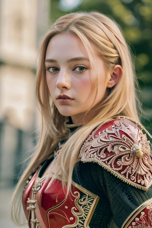 (8K, best quality:1.2), (masterpiece:1.37), (photo, photorealistic:1.37), (ultrahigh-res), full body, random pose, shot from front, slow motion, female knight wearing the full body, (red heavy armour:1.2),(ornately decorated armor), (insanely detailed, bloom:1.5), (highest quality, wield Sword and shield, Alessandro Casagrande, Greg Rutkowski, Sally Mann, concept art, 4k), (analog:1.2), (high sharpness), (detailed pupils:1.1), detailed face and eyes, eye contact, Masterpiece, best quality, (highly detailed photo:1.1), (long blonde Hair, ecstatic:1.1), (young woman:1.1), sharp, (perfect body:1.1), realistic, real shadow, 3d, (citadel background:1.2), (by Michelangelo), photographed by Canan EOS R6, 135mm, 1/1250s, f/2.8, ISO 400