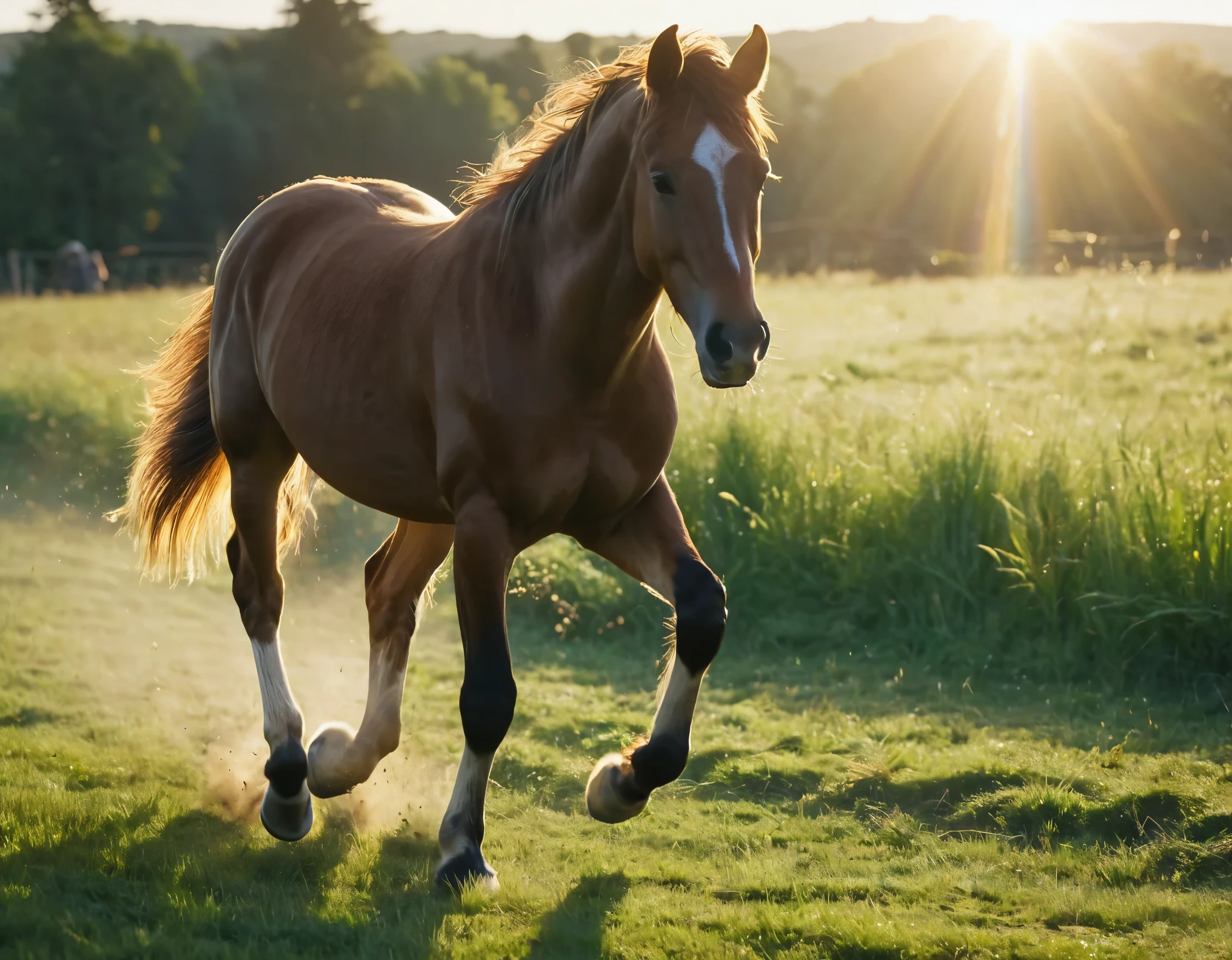 (((master piece Highest quality ultra detailed,Unity 8k))),perfect horse legs,RAW Photos,Foal running across the grassland,(Lens Flare)