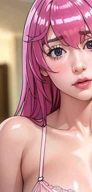 Ultra realistic, open shot, best quality, dream aesthetic (a little blurry in cinematic vibrant light), ultra-detailed, fine details, high resolution (image taken by analog camera), Perfect dynamic composition, illuminated pale skin, perfect shading, beautiful (realistic) detailed clear eyes, black lingerie, pantyhose, pale-pink hair, long messy (silky) hair (pale pink), natural big breasts, Natural Color Lip, face with shy and embarrassed expression, Random and sensual poses, bedroom (background unfocused)、20 year old、dream atmosphere 