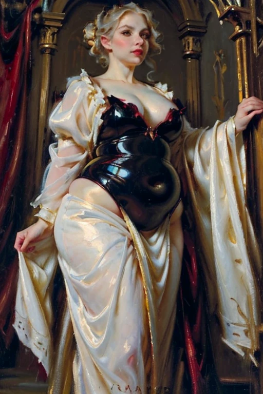 (Masterpiece), (detailed), (high quality), medieval painting of a tall vampire woman with pale skin and black dress, curvy body and wide hips, pear shape, red eyes, hot