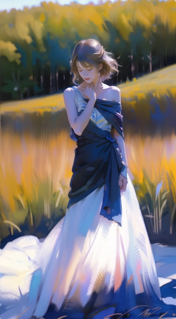 detailed full body portrait,Andy Jurgens (mandy jurgens) A realistic painting was created, transformation, Figurative art, Detailed Description, Realistically, のArtwork, Contour, View from the side, Simple Background, Watercolor、Light color、Beautiful colors、Perfect Anatomy、Cowboy Shot、close your eyes、cute, Artwork, Better Quality, High resolution, Serena, short hair, blue eyes, 1 girl, alone, Blue Ribbon, eyelash, Black thighs, Neck ribbon, No sleeve, stripe, clavicle, Bare arms, Pink Dress, Red coat, Outdoor, From above, Field, Grams,
