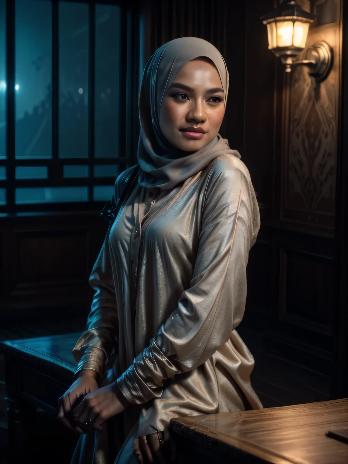 a matured malay woman in the style of nocturne, wearing hijab, dreamy atmosphere, dark cyan and red, i can't believe how beautiful this is, serene atmosphere, piles/stacks, flickering light, epic realistic, broken old boat in big storm, illustrated by herg, style of tin tin comics, pen and ink,art by greg rutkowski and artgerm, soft cinematic light, (depth of field:1.4), faded, (neutral colors:1.2), (muted colors:1.2), (artstation:1.4), cinematic, warm lights, dramatic light, complex background, (rutkowski:0.66), (teal and orange:0.4), hdr, (intricate details, hyperdetailed:1.15) (skin texture:1.2)