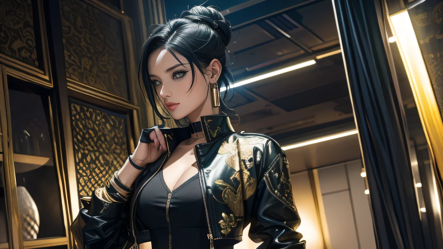 best quality, masterpiece, 8k wallpaper, absurd, highres, ultra detailed, (1 young beautiful girl, solo: 1.1), piercing eyes, navel, fingerless gloves, black cropped jacket with golden dragon pattern, gold dragon patterned jacket, black crop top, multicolored hair, single hair bun belt (loanword) ï1/4, earrings, black hair, black crop top, midriff, make-up, green hair, open jacket, two-tone hair, open shirt, blue eyes, lips, triangle earrings, gold belt, black hair, breasts, black pants, hoop earrings, standing, black gloves, blue hair, zipper, BREAK