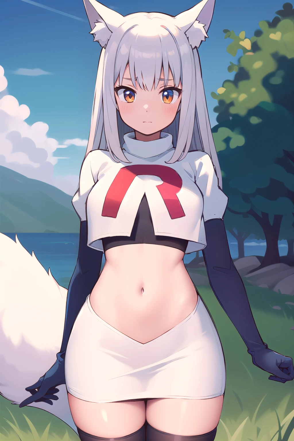 (masterpiece, best quality, highly detailed), 1girl, cowboy shot, lico, outside, trees, grass, sun, clouds, sky, team rocket,team rocket uniform,white skirt,red letter R,crop top,black thigh-highs,black elbow gloves , blush, fox ears, fox tail