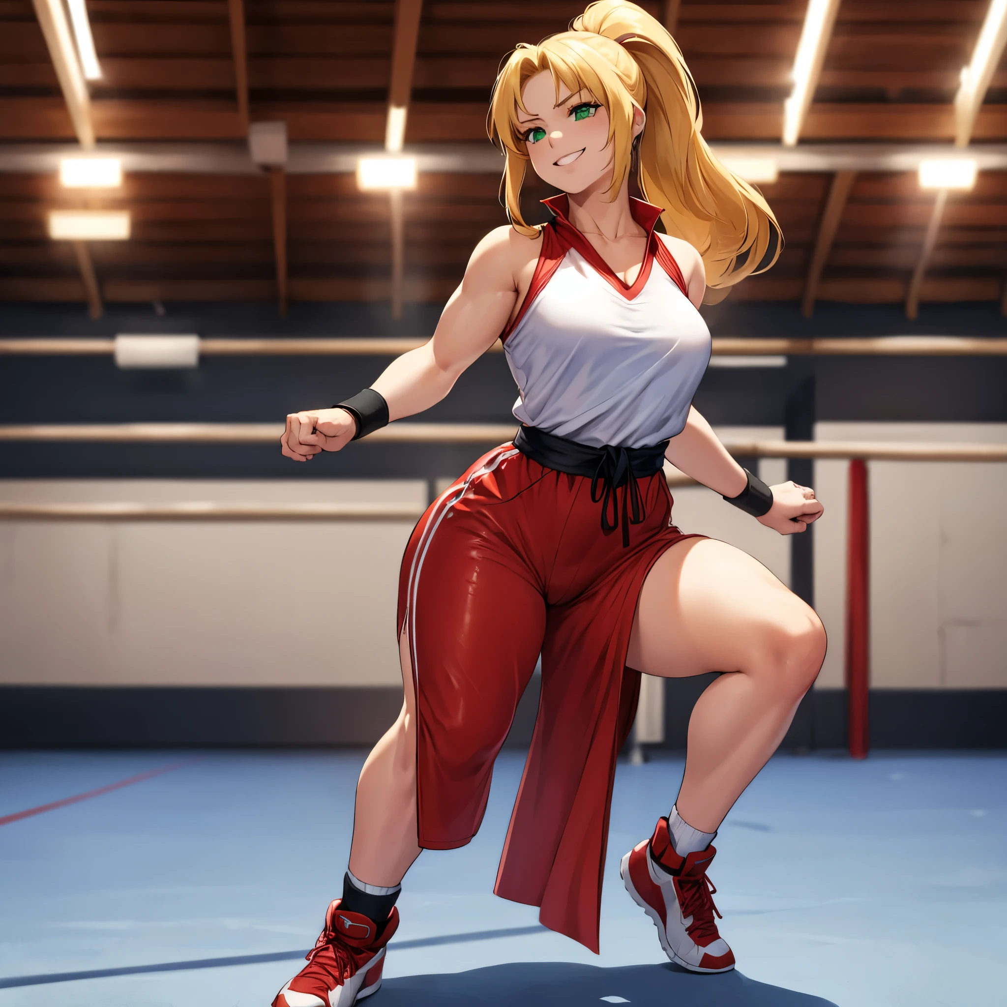 A woman with blonde hair, ponytail, green eyes, wearing red ken street fighter uniform, standing in a martial arts gym, smiling, full body, bokeh effect, atmospheric perspective, 8k , super detail, accurate, best quality, award winning, textured skin, high resolution, anatomically correct (solo female)
