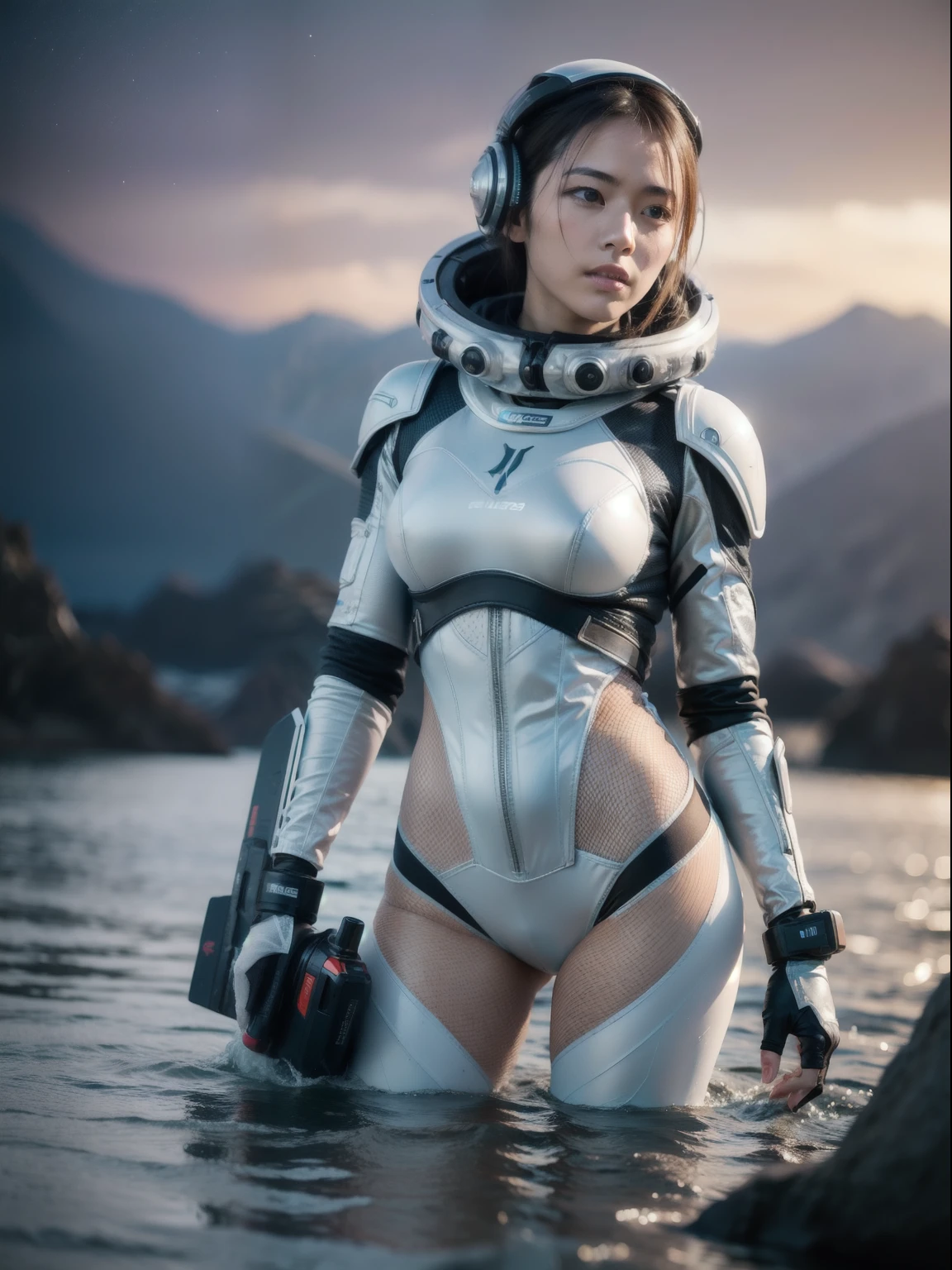 A beautiful girl, Wearing a silver space suit, Standing on the endless water, Floating fog, Holding a large ion gun in both hands, Mountains in the background, No front fill light, dark light, Rich in details,inspired by the movie《Alien》Prequel《Prometheus》