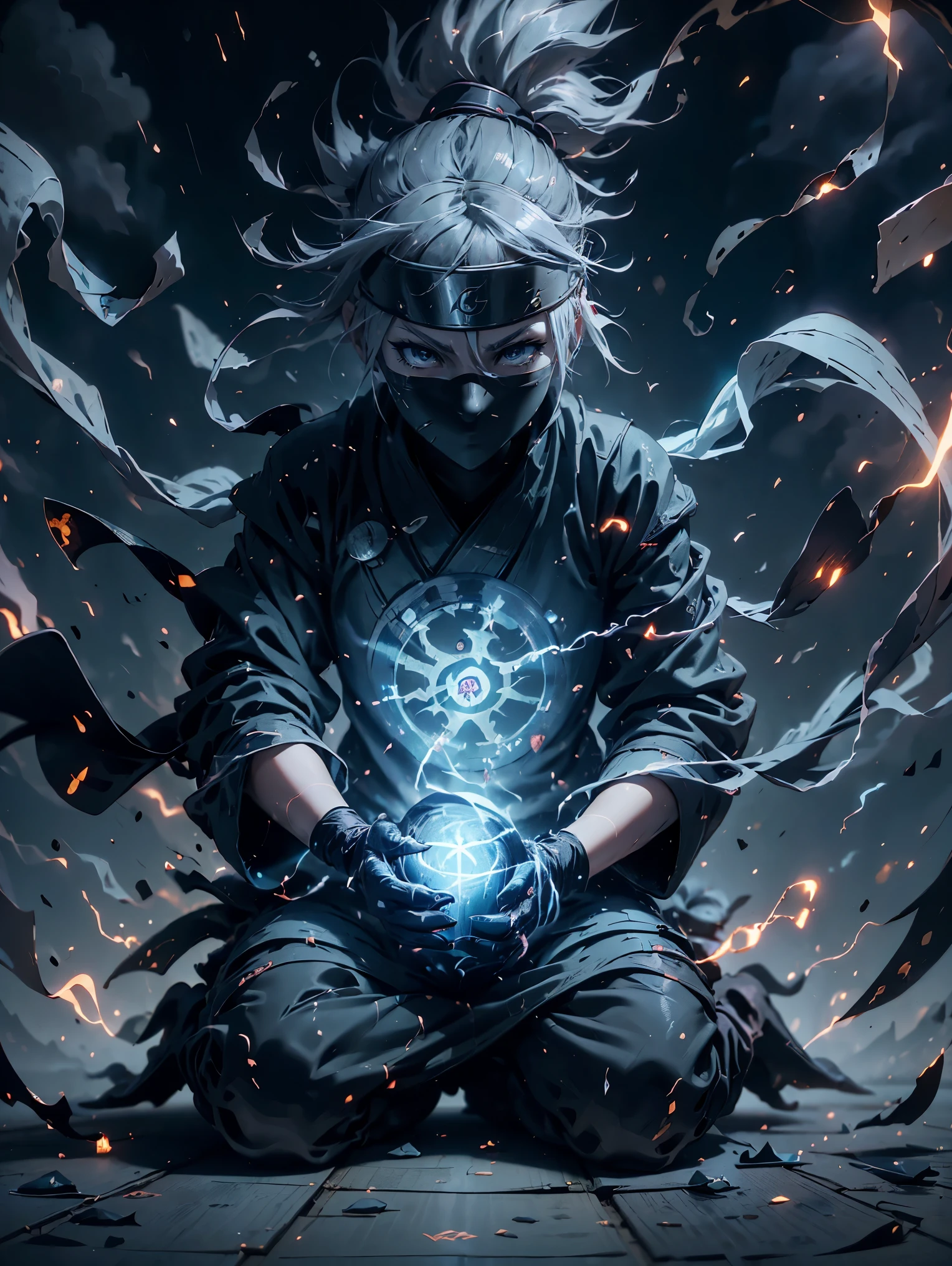 One Girl, Silver-haired kunoichi, (highest quality,16K,High resolution),Sit on the ground in street style, Red ninja gloves, Gray Hair, ninja headband, Mask covering the mouth, Graffiti Background, Vibrant colors, urban art style, Edgy lighting,((Ghostly Ninja)), lightning, 激しいthunderの光を手にしている,(((thunderの魔法))), thunder, 手からthunder