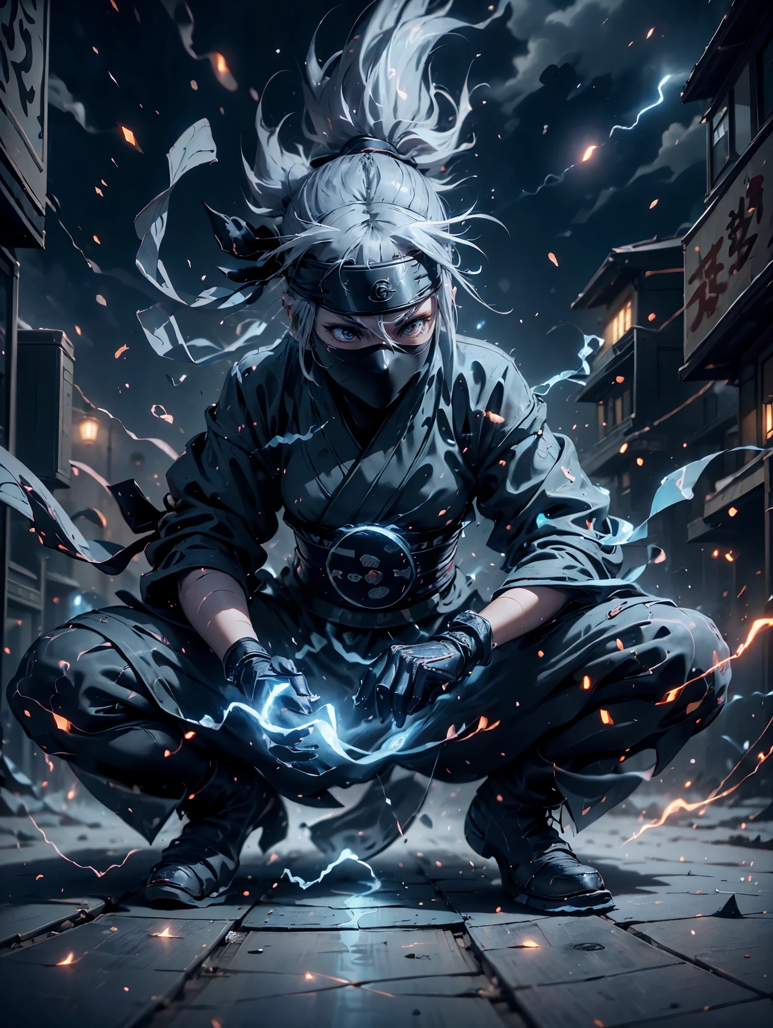 One Girl, Silver-haired kunoichi, (highest quality,16K,High resolution),Sit on the ground in street style, Red ninja gloves, Gray Hair, ninja headband, Mask covering the mouth, Graffiti Background, Vibrant colors, urban art style, Edgy lighting,((Ghostly Ninja)), lightning, 激しいthunderの光を手にしている,(((thunderの魔法))), thunder, 手からthunder