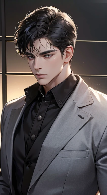 (best quality, masterpiece, 8K, photorealistic, cinematic lighting, 1:4 hdr image, top view, ultra detailed, beautiful image), a mature man, very handsome, short black hair, black eyes, perfect face without errors , ((buttoning his jacket, CEO))
