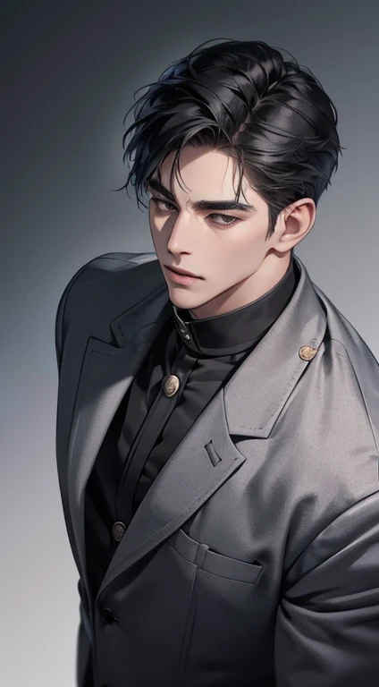(best quality, masterpiece, 8K, photorealistic, cinematic lighting, 1:4 hdr image, top view, ultra detailed, beautiful image), a mature man, very handsome, short black hair, black eyes, perfect face without errors , ((buttoning his jacket, CEO))