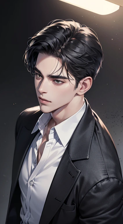 (best quality, masterpiece, 8K, photorealistic, cinematic lighting, 1:4 hdr image, top view, ultra detailed, beautiful image), a mature man, very handsome, short black hair, black eyes, perfect face without errors , ((buttoning his jacket, CEO))