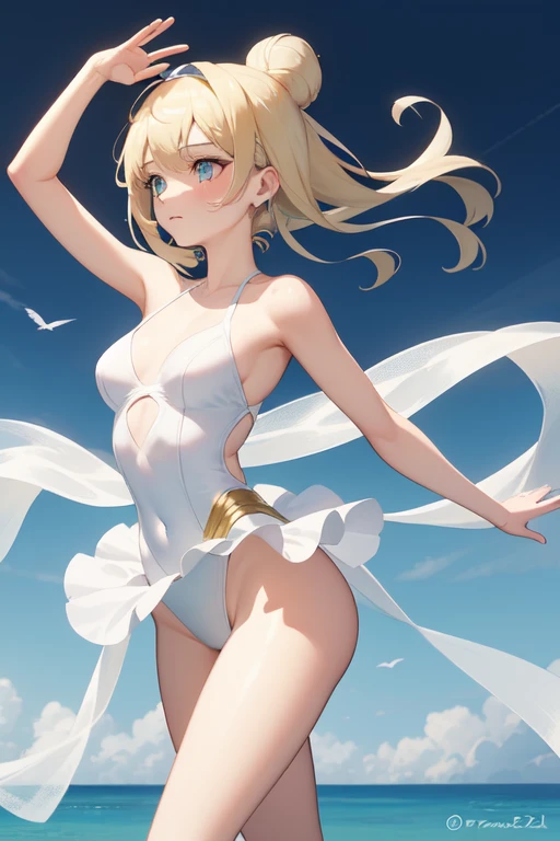 ((high quality)), (detailed),  A 22-year-old ballerina girl. expensive. Soft and white skin. The body is thin. The ballet tutu is white and light blue., There are several layers below. Blonde bun. Only one hair band. Razur's Eye.

Her outfit is full of elements related to the white swimsuit. 

 Melancholic expression