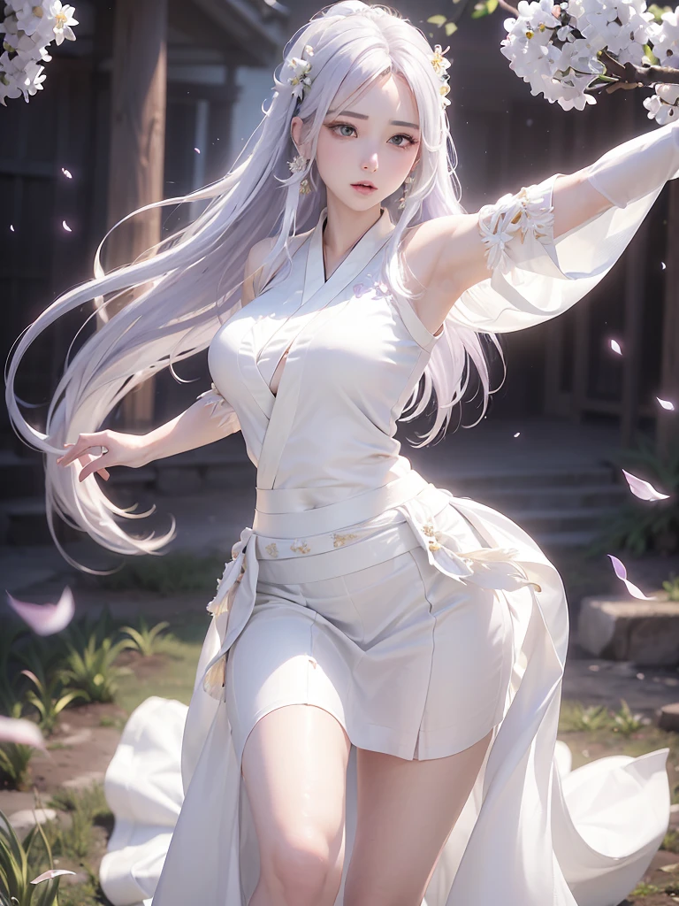 (logo、masterpiece、8k、On the table、original photo、wonderful、最high quality、Photorealistic and hVery detailed CG integrated 8k wallpaper、high quality、Very detailed、Narrative Poems、Particle Effects、dynamic effect、Depth of writing boundaries、light、lens flare、Ray Tracing)、fantasy、 (1 beautiful woman、White Kimono、White long skirt、Lilac hair、Pretty Face、serious、Beautiful eye details、beautiful skin、Woman dancing gracefully:1.7、Woman dancing gracefully:1.7)、Hair flutters in wind、Hair Bounce、髪がwindで踊る、hair jump、night、wind、dark、grassland、Vast land、Magnificent views、美しい自然のwind景、night空、wind、Cherry tree、Sakura petals dancing、Fubuki Sakura、Falling Flowers