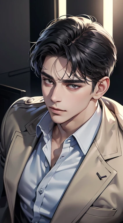 (best quality, masterpiece, 8K, photorealistic, cinematic lighting, 1:4 hdr image, top view, ultra detailed, beautiful image), a mature man, very handsome, short black hair, black eyes, perfect face without errors , ((buttoning his jacket, CEO))