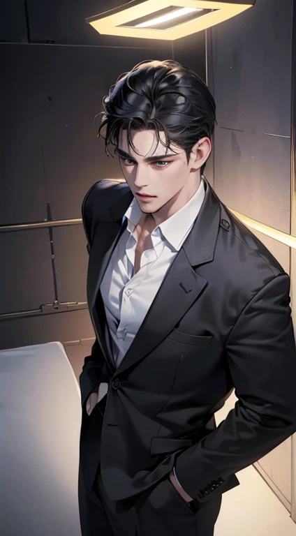 (best quality, masterpiece, 8K, photorealistic, cinematic lighting, 1:4 hdr image, top view, ultra detailed, beautiful image), a mature man, very handsome, short black hair, black eyes, perfect face without errors , ((buttoning his jacket, CEO))
