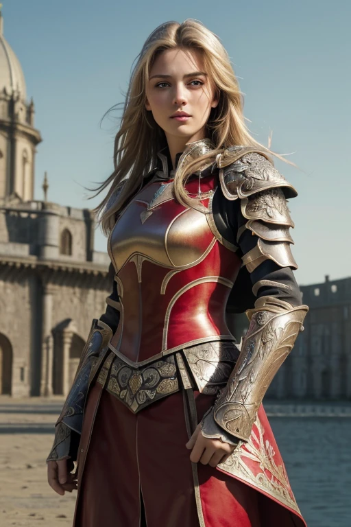 (8K, best quality:1.2), (masterpiece:1.37), (photo, photorealistic:1.37), (ultrahigh-res), full body, random pose, shot from front, slow motion, female knight wearing the full body, (red heavy armour:1.2),(ornately decorated armor), (insanely detailed, bloom:1.5), (highest quality, wield Sword and shield, Alessandro Casagrande, Greg Rutkowski, Sally Mann, concept art, 4k), (analog:1.2), (high sharpness), (detailed pupils:1.1), detailed face and eyes, eye contact, Masterpiece, best quality, (highly detailed photo:1.1), (long blonde Hair, ecstatic:1.1), (young woman:1.1), sharp, (perfect body:1.1), realistic, real shadow, 3d, (citadel background:1.2), (by Michelangelo), photographed by Canan EOS R6, 135mm, 1/1250s, f/2.8, ISO 400