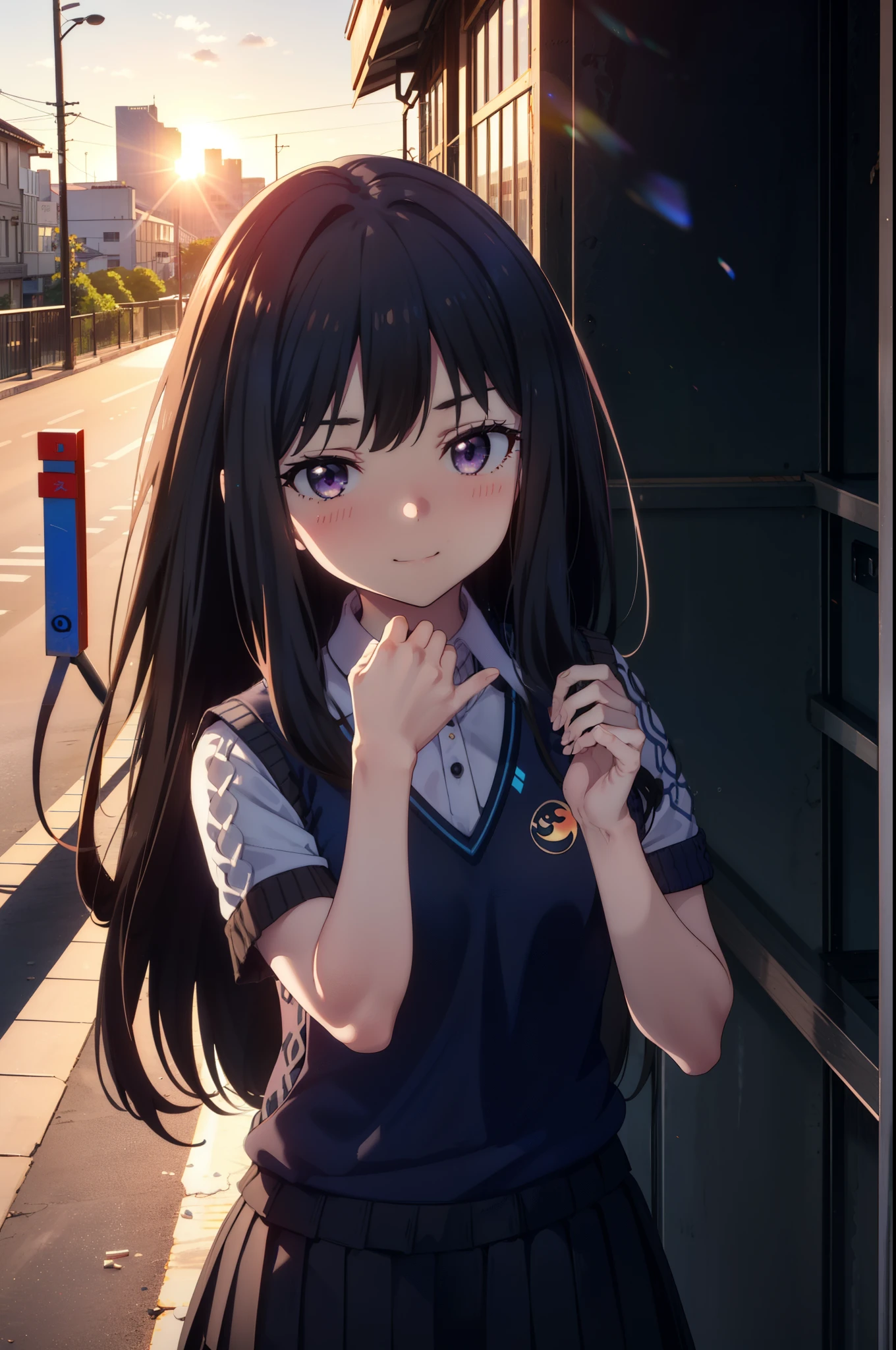 Takiuchi, Inoue Check, Long Hair, bangs, Black Hair, (Purple eyes:1.2),smile,blush,full body,
white yシャツ, Short sleeve, Pleated skirt, Collared shirt, mini skirt, Black pantyhose, (Black Skirt:1.5), Sweater vest, (blue Sweater vest:1.5),Brown Loafers,evening,Sunset,The sun is setting,walking,whole bodyがイラストに入るように, break looking at viewer whole body,
break outdoors, In town,Building district,
break (masterpiece:1.2), highest quality, High resolution, unity 8k wallpaper, (shape:0.8), (Beautiful details:1.6), Highly detailed face, Perfect lighting, Extremely detailed CG, (Perfect hands, Perfect Anatomy),