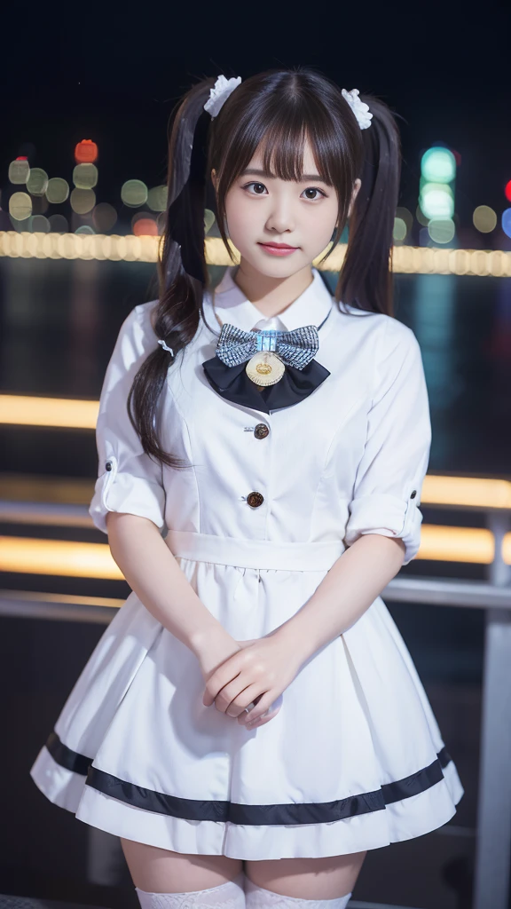 (highest quality,masterpiece:1.3,Ultra-high resolution),(Very detailed,8k),(Realistic:1.4,RAW shooting)。Blurred Background、Looking at the audience、Embarrassed look、18-year-old girl、Twin tails。Idol Costumes、City of night。Night view。