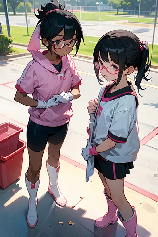 A pair of elementary school girls with glasses and black hair tied up in short sleeve gym clothes wearing white rubber boots, loose pink rubber gloves and gym caps on their heads picking up trash in the schoolyard