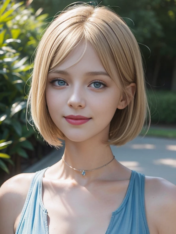 8K,Masterpiece,One woman,Smile,28 years old,blue eyes,Blonde Hair,Short Bob Hair,Light blue dress,Ella Freya, a beautiful Dutch YouTuber(Ella Freya),Bust up photo