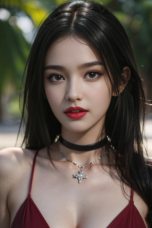 8k, Masterpiece, raw photos, best quality, realistic, Very detailed CG unity 8k wallpaper....., depth of field, Cinema-grade lighting system, lens flare, Ray tracing, (Very beautiful face, beautiful lips, beautiful eyes), black skin,red lips,Beautiful eyebrows,sharp eyes,Curly eyelashes,A face with intricate details, ((Highly detailed skin), รูปถ่ายของสาวสวยวัยรุ่นอายุ 17 ปี คนbest quality，Sharp focus,portrait photography,Shoot from a low position from the front., Ultra high resolution， （realistically：1.4），1 woman，Short, dark blonde, smooth hair.，red bikini, Beautiful woman with a slender figure:1.4, Pronounced abdomen:1.4, on the island,Extraordinarily detailed face，Exquisite eyes，Double eyelids，choker necklace
