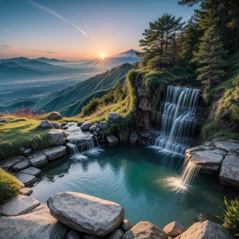 highest quality、、masterpiece:1.8、、Open-air bath、waterfall、,、、、A spectacular view that brings good fortune just by looking at it、A sight that brings peace to the world just by looking at it、A view that will make you healthier and live longer just by looking at it、、Aurora、、Fuji Mountain、sunrise、