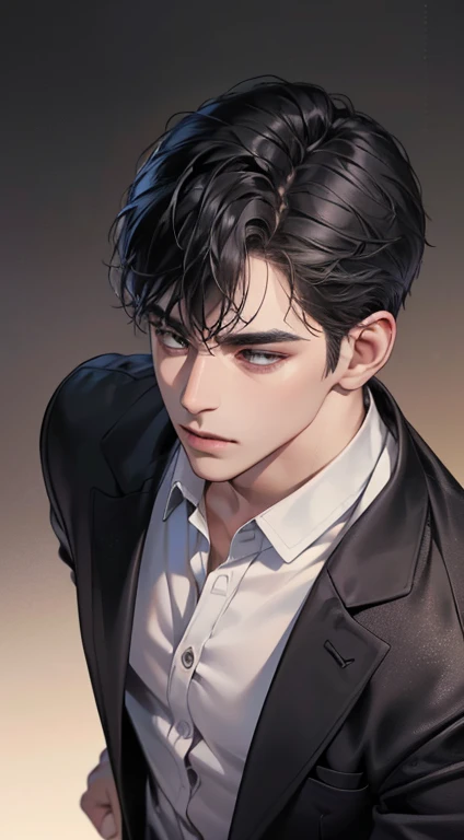 (best quality, masterpiece, 8K, photorealistic, cinematic lighting, 1:4 hdr image, top view, ultra detailed, beautiful image), a mature man, very handsome, short black hair, black eyes, perfect face without errors , ((buttoning his jacket, CEO))