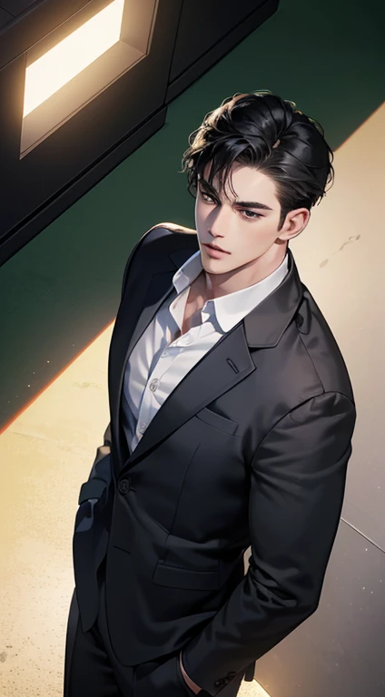 (best quality, masterpiece, 8K, photorealistic, cinematic lighting, 1:4 hdr image, top view, ultra detailed, beautiful image), a mature man, very handsome, short black hair, black eyes, perfect face without errors , ((buttoning his jacket, CEO))